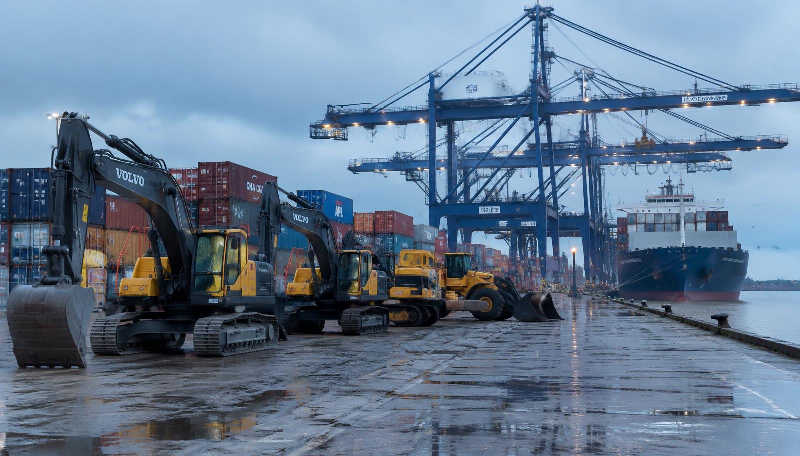 Excavators staged at a shipping port